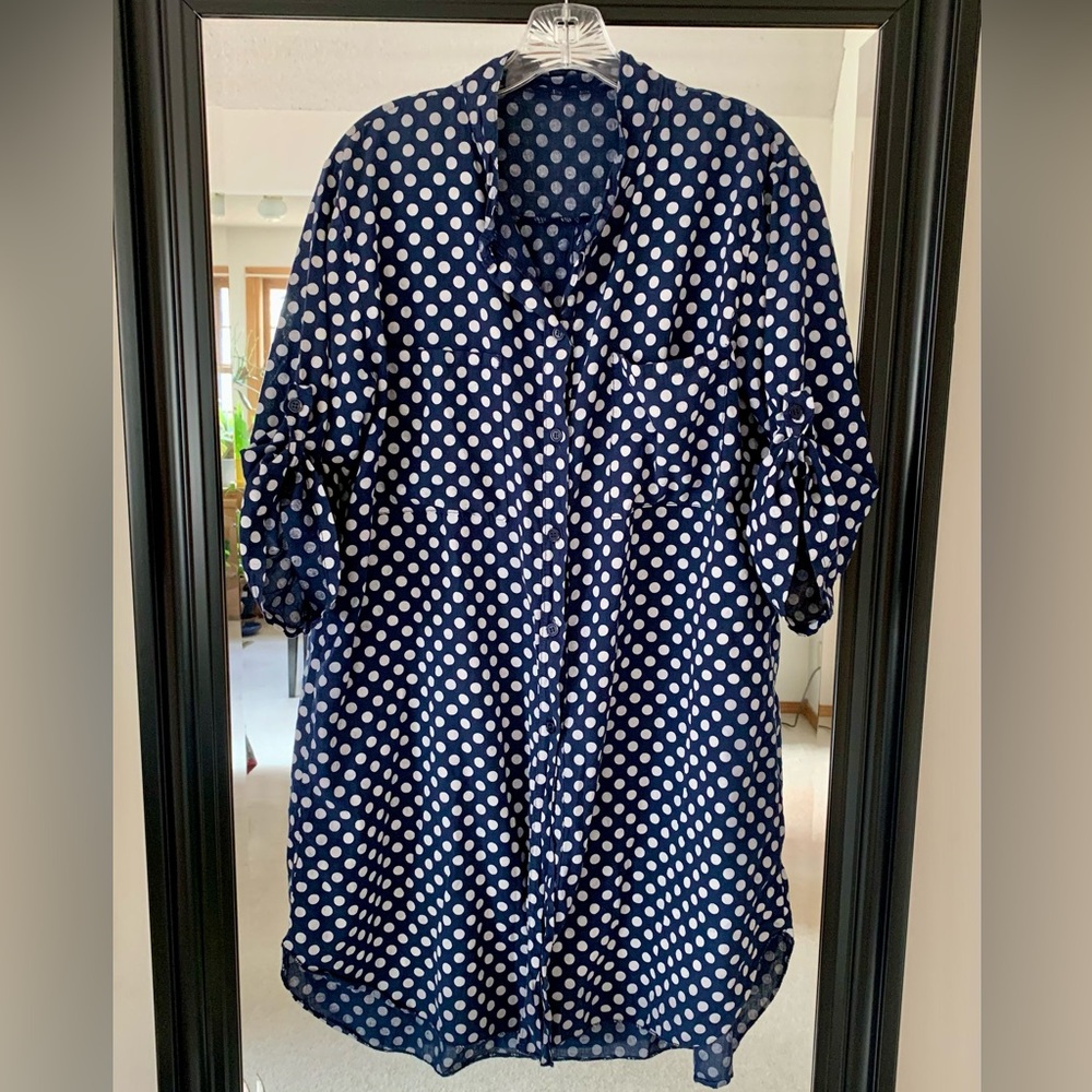 Polka Dot Lagenlook Navy Button Down Long Shirt